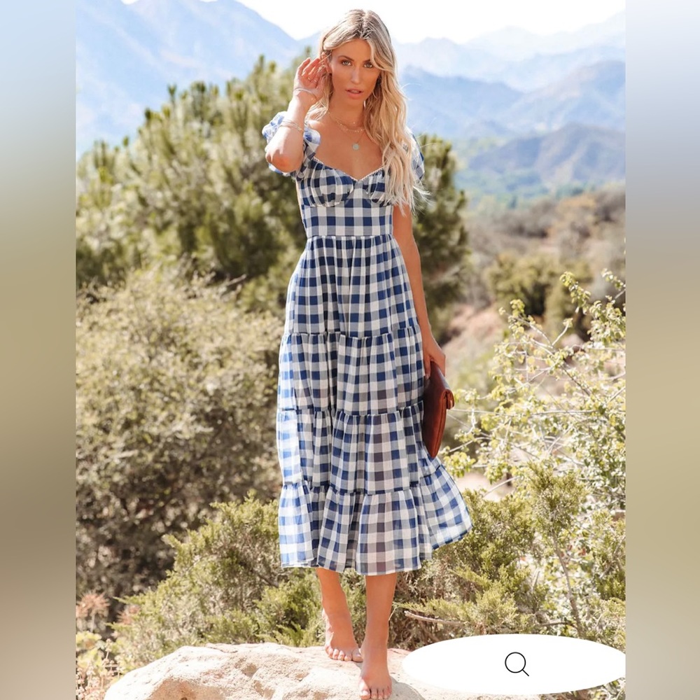 VICI Rye Puff Sleeve Gingham Midi Dress - Navy